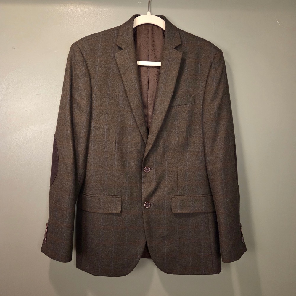 Macy's Bar III Slim Fit Double Vent Blazer Elbow Patches, Size 38R, Brown Plaid